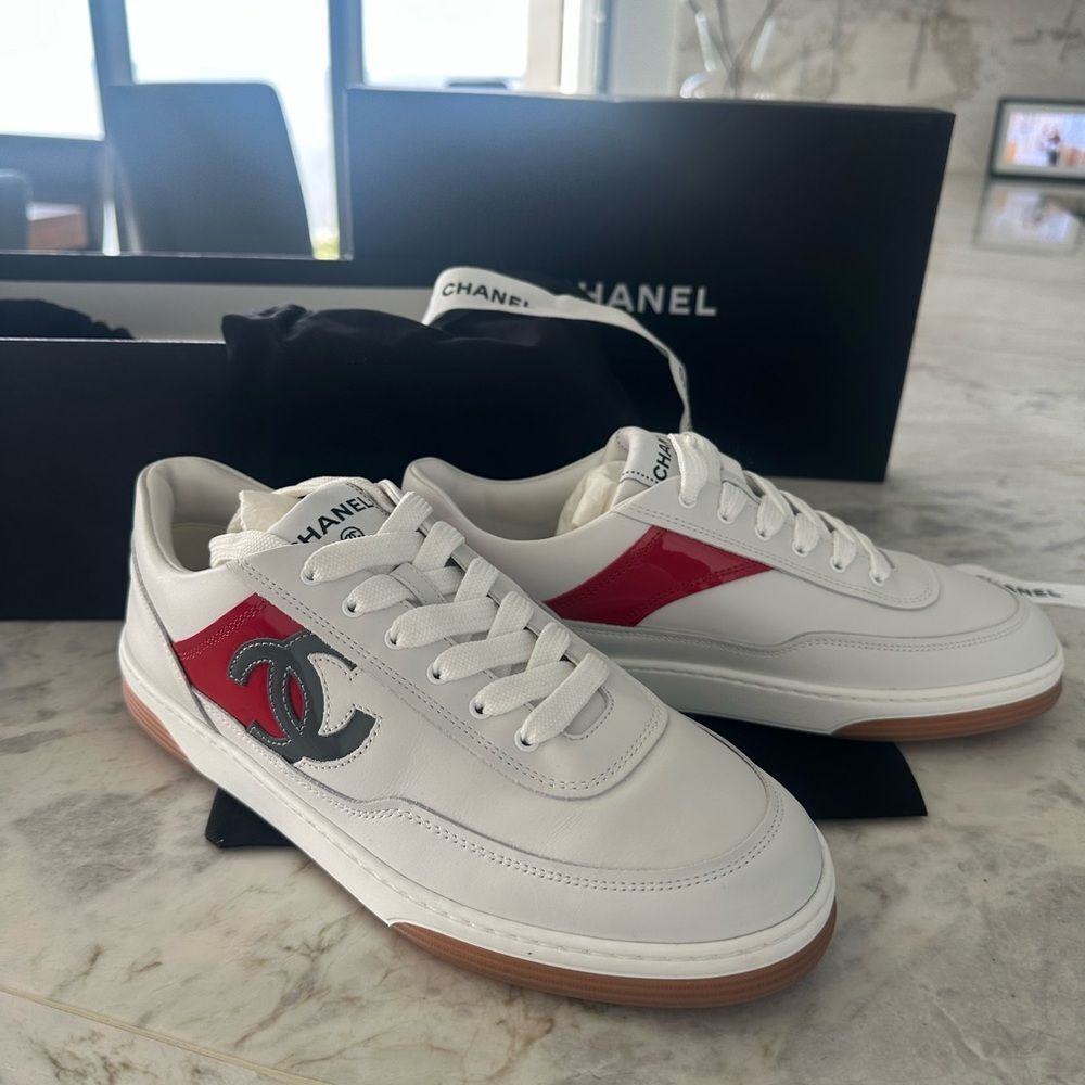 Chanel Woman’s White Sneakers with red  and grey CC logo